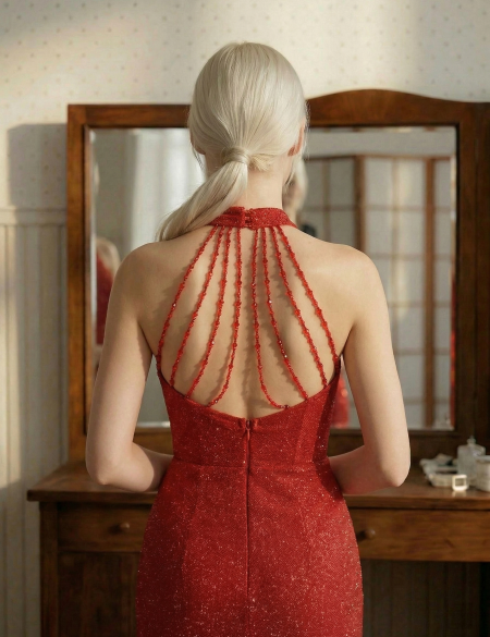 Красное вечернее платье с разрезом и высоким воротом