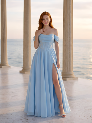 Голубое платье со спущенными плечами и разрезом на ноге а-силуэт