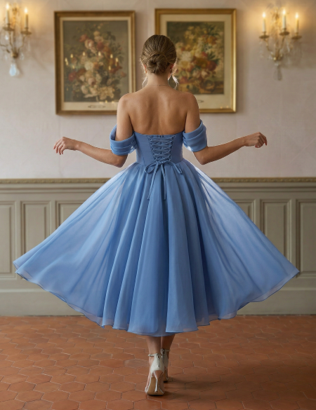 Платье цвета индиго со спущенными плечами а-силуэт