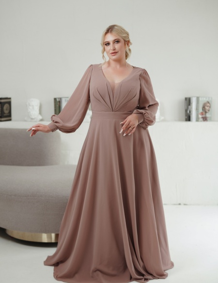 Шифоновое платье с длинными рукавами и декольте - Тауп