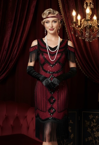 Красное платье в стиле Гэтсби с бахрамой на плечах