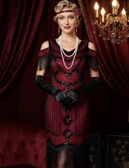 Красное платье в стиле Гэтсби с бахрамой на плечах