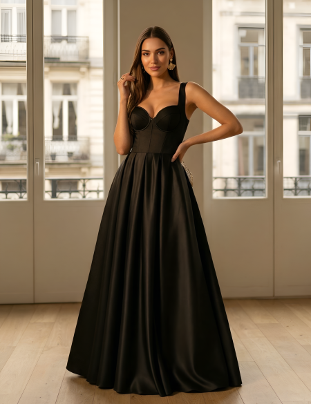 Чёрное атласное платье на бретельках с разрезом на ноге