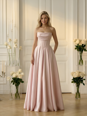 Пудровое вечернее платье с корсетным лифом без бретелей