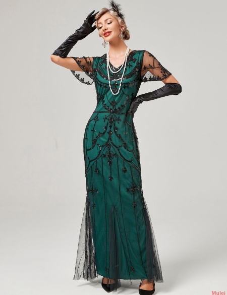 Изумрудное длинное платье в стиле Гэтсби Чикаго