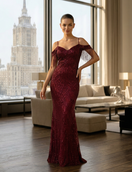 Бордовое платье из пайеток со спущенными плечами и бусинами