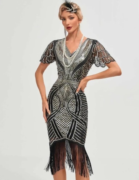 Серебряное платье в стиле Гэтсби с рукавами крыло