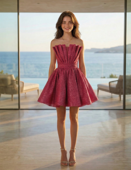 Малиновое блестящее платье мини с пышной юбкой