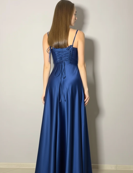 Синее атласное платье с закрытым верхом