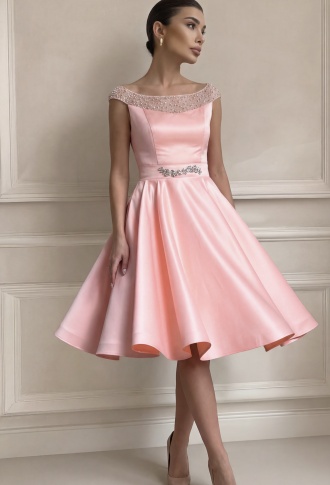 Персиковое атласное платье с брошью на талии