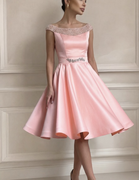 Персиковое атласное платье с брошью на талии