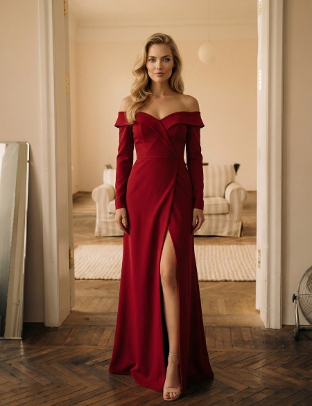Бордовое платье по фигуре, спущенные плечи с длинными рукавами, разрез по ноге