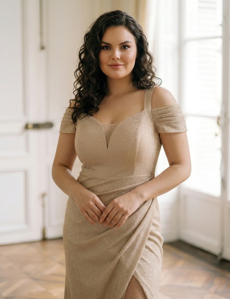 Бежевое блестящее платье со спущенными плечами и разрезом на ноге