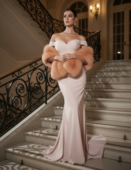 Персиковый палантин (накидка) из натурального меха песца