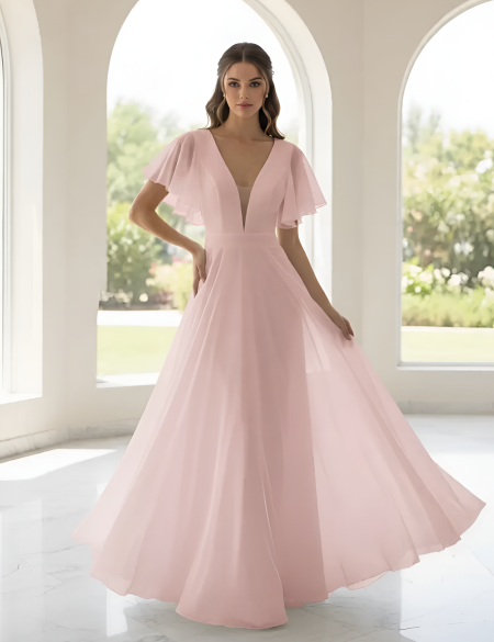 Розовое платье из органзы с открытой спиной и рукавами крыло