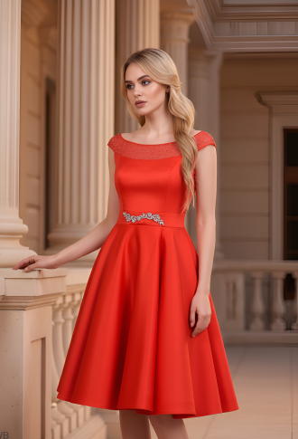 Красное атласное платье с брошью на талии