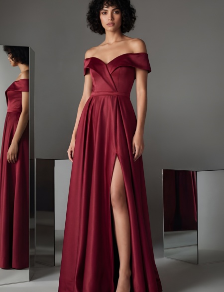 Бордовое атласное платье с разрезом