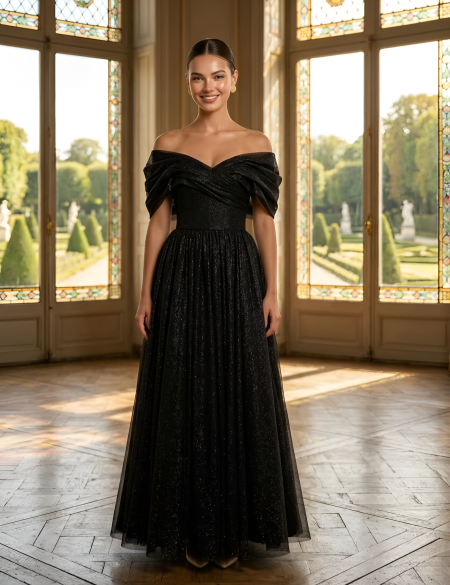 Черное блестящее платье с объемными плечами