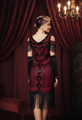 Красное платье в стиле Гэтсби с бахрамой на плечах