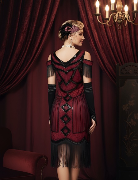 Красное платье в стиле Гэтсби с бахрамой на плечах