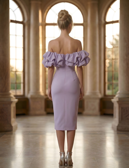 Лавандовое платье миди с разрезом на ноге и оборкой
