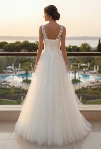 Белое свадебное платье а-силуэта с кружевным верхом 