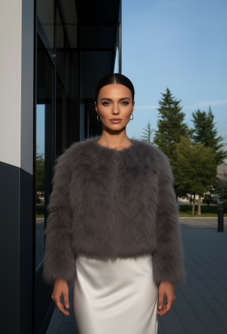 Графитовая (серая) шубка из страусиных перьев с длинными рукавами