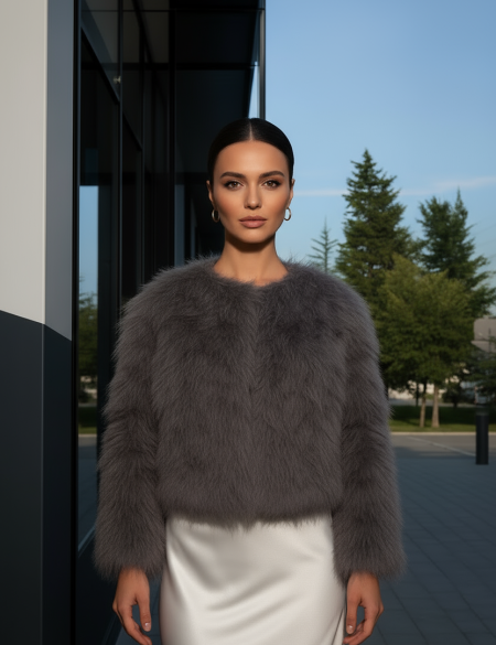 Графитовая (серая) шубка из страусиных перьев с длинными рукавами