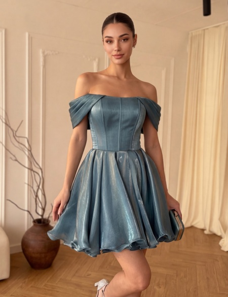 Синее пышное платье мини со спущенными плечами