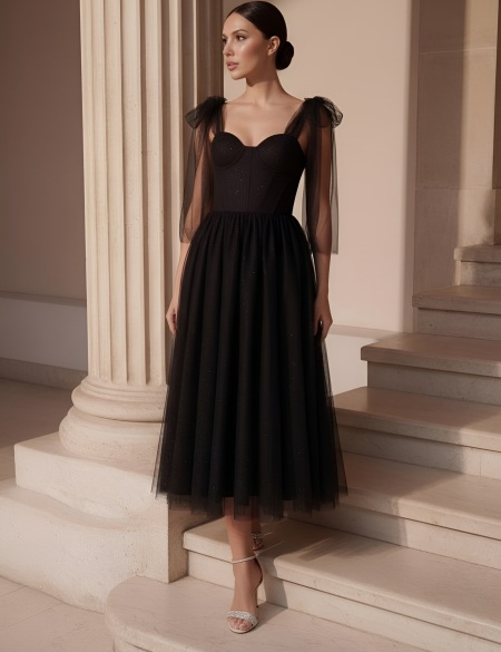 Чёрное платье миди с бантиками