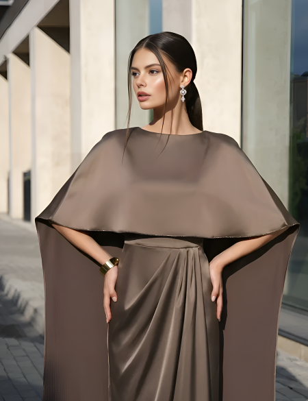 Кофейное платье с кейпом