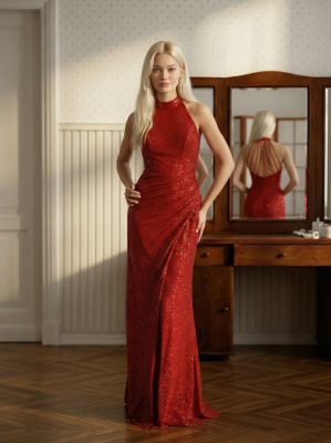 Красное вечернее платье с разрезом и высоким воротом
