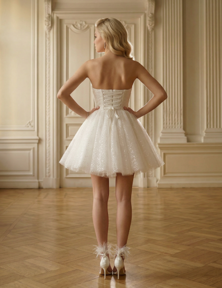 Белое блестящее платье мини с пышной юбкой