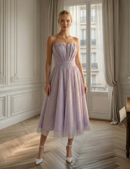 Лавандовое блестящее платье миди бандо