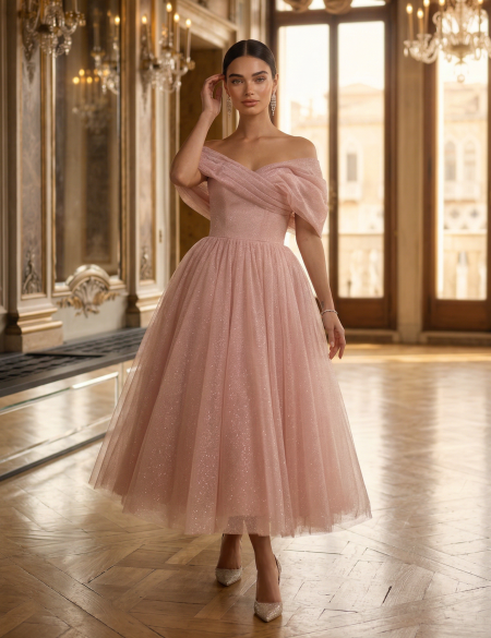 Розовое блестящее платье миди со спущенными плечами