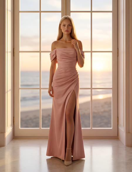 Пудровое атласное платье по фигуре с разрезом на ноге