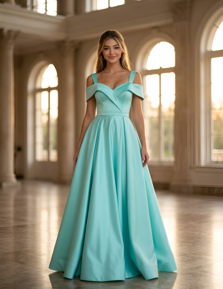 Бирюзовое атласное платье с разрезом