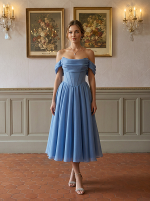 Платье цвета индиго со спущенными плечами а-силуэт