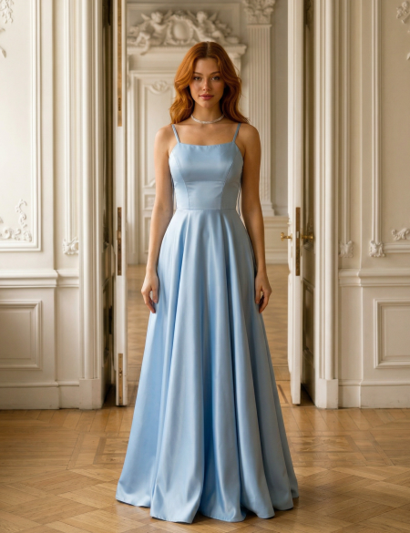 Голубое атласное платье с закрытым верхом