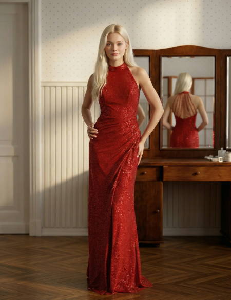 Красное вечернее платье с разрезом и высоким воротом