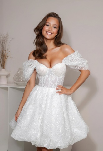 Короткое белое платье с пышной юбкой и спущенными плечами 