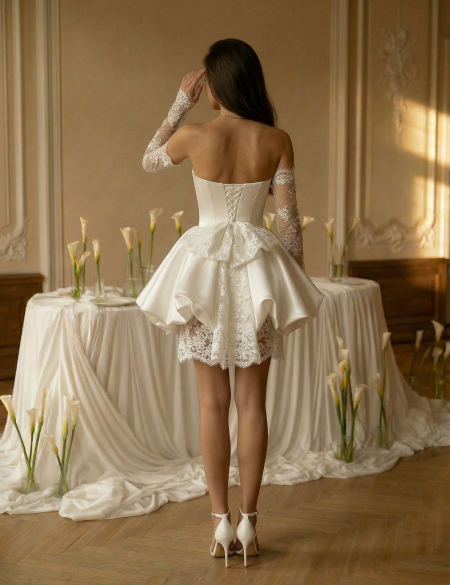 Короткое белое платье с пышной юбкой и кружевными рукавами