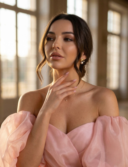 Персиковое платье миди из органзы с буфами