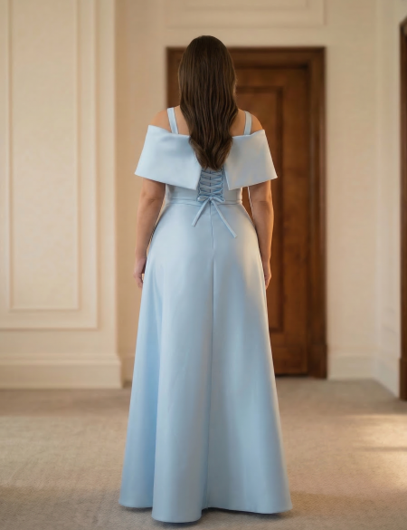 Голубое атласное платье по фигуре со спущенными плечами