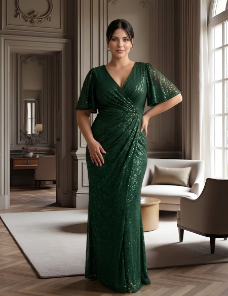 Изумрудное блестящее платье по фигуре с рукавами крыло