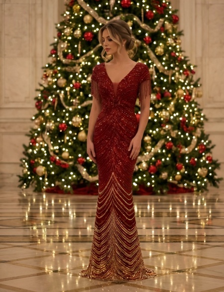 Бордовое платье с золотыми пайетками и бусинами на плечах