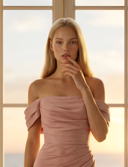 Пудровое атласное платье по фигуре с разрезом на ноге