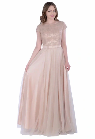 Бежевое фатиновое платье лиф с пайетками