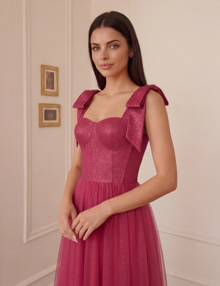 Малиновое блестящее платье миди с бантиками на плечах