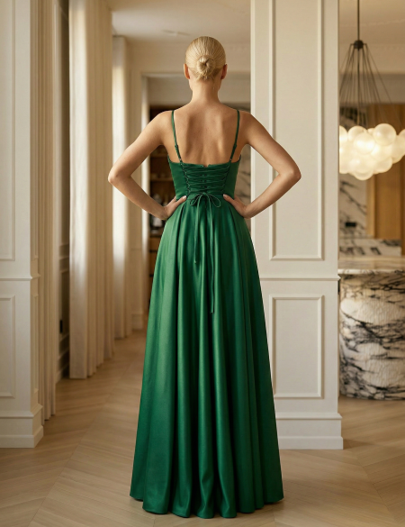 Изумрудное атласное  платье на лямках с разрезом на ноге